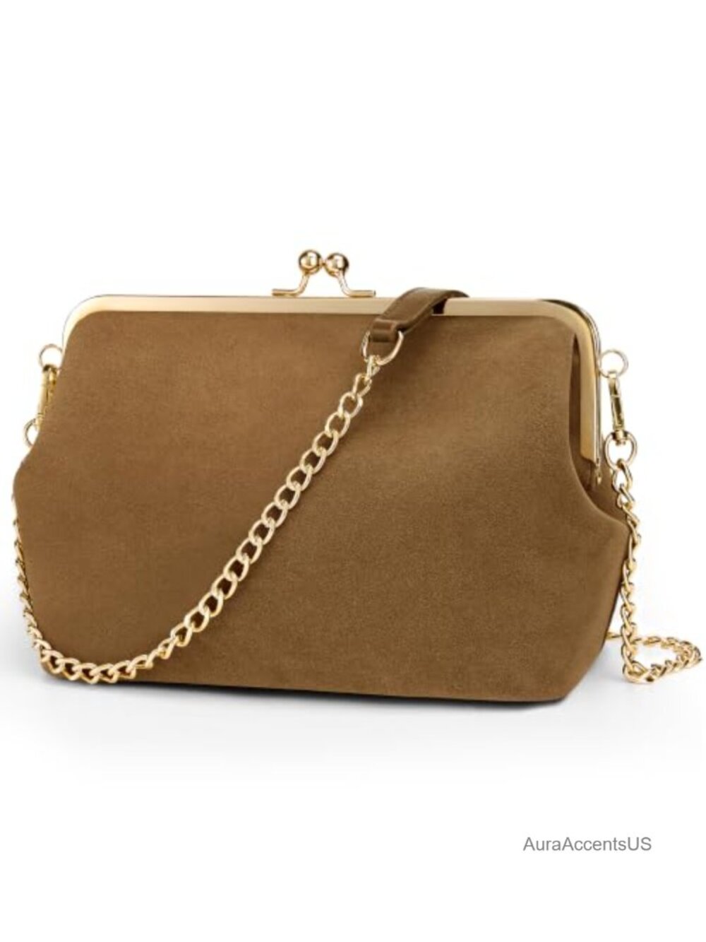 Kiss Lock Shoulder Bag Women Crossbody Purse Detachable Strap Suede Gold-Tone